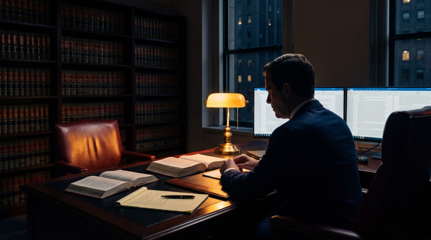 A litigator working late at his desk beside a banker's lamp and two monitors