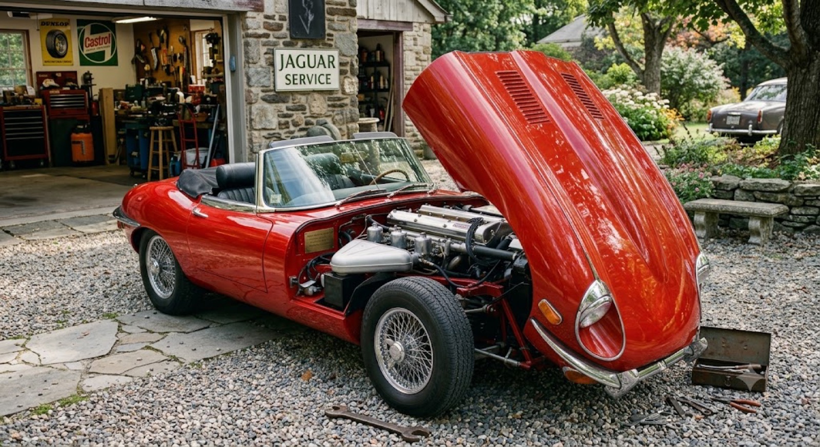 A 1969 Jaguar E-Type convertible with its bonnet raised, engine open for inspection