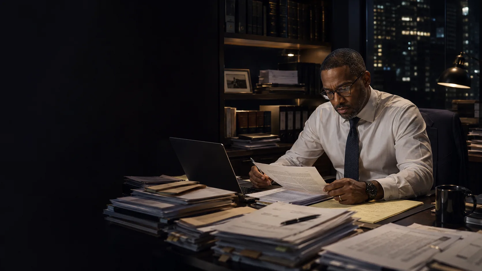 A litigator working alone late at night over stacks of case files, the old way of practicing law