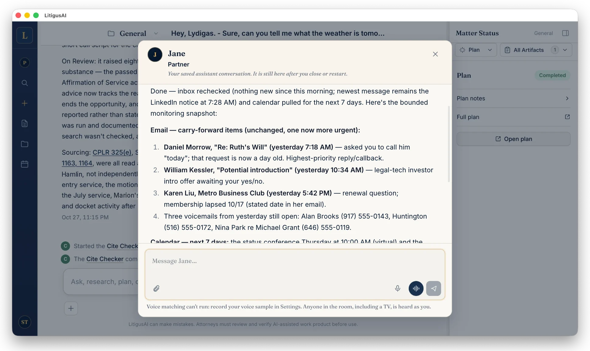 Partner’s update after rechecking the inbox and calendar: the emails carried forward, ranked by urgency
