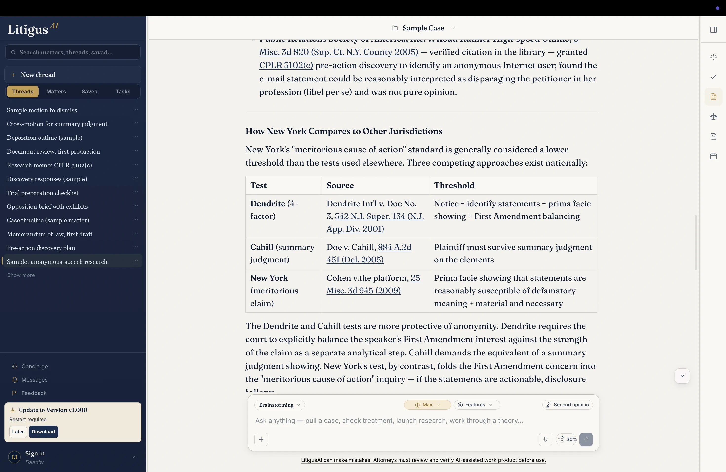 The actual LitigusAI desktop workspace: matter threads on the left, a drafted research memorandum with verified citations in the center, and the assignment input below