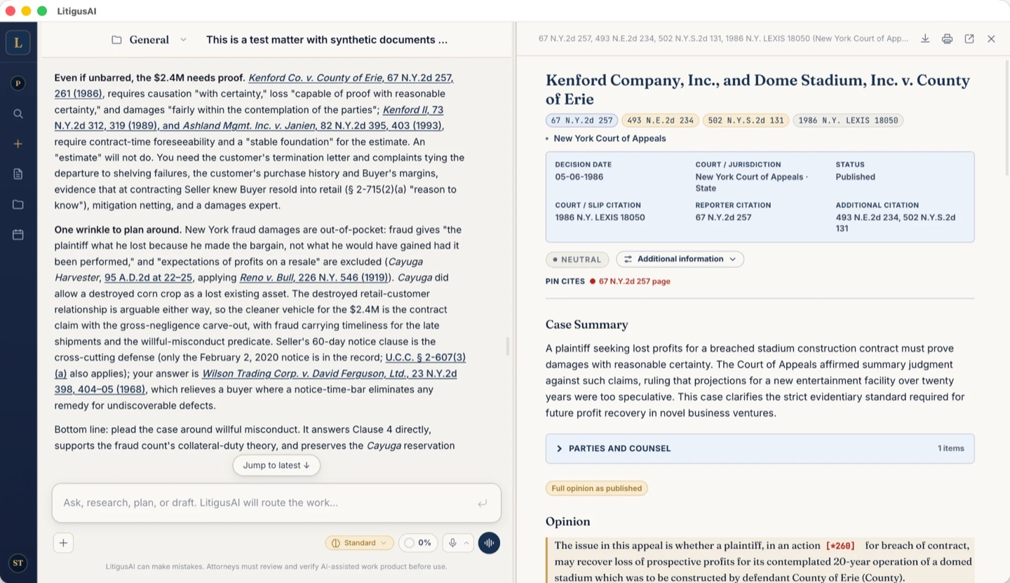 The LitigusAI workspace: a research answer with linked citations beside the Litigus Library case reader showing the opinion with its case summary, citations, treatment, pin cites, and star paging
